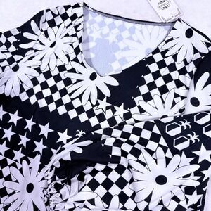 Black and White Floral Star Print Blouse Top‎ Long Bishop Sleeve 2XL
